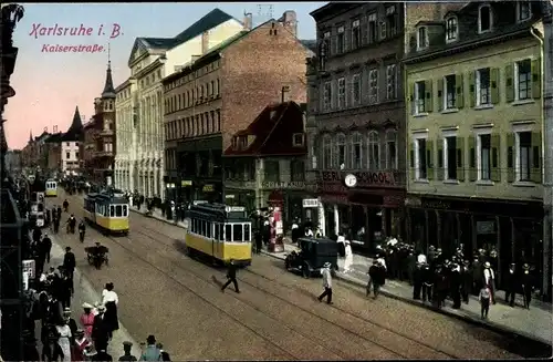 Ak Karlsruhe in Baden, Partie auf der Kaiserstraße, Straßenbahnen Linie 1