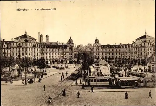 Ak München, Karlstorrondell, Platz, Straßenbahn