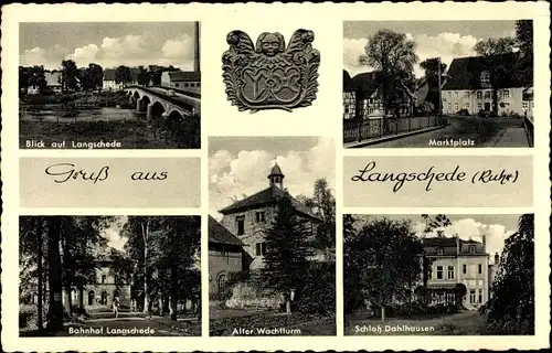 Ak Langschede Fröndenberg an der Ruhr, Bahnhof, Marktplatz, Alter Wachturm, Schloss Dahlhausen