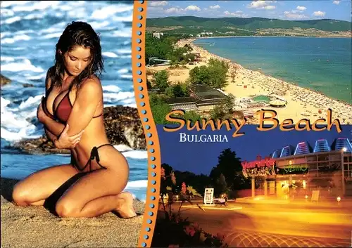 Ak Sonnenstrand Bulgarien, Sunny Beach, Frau im Bikini am Strand, Casino, Variete