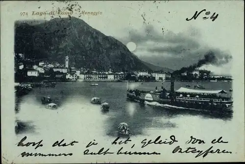 Mondschein Ak Menaggio Lago di Como Lombardia, Abendidyll, Salondampfer zum Ort