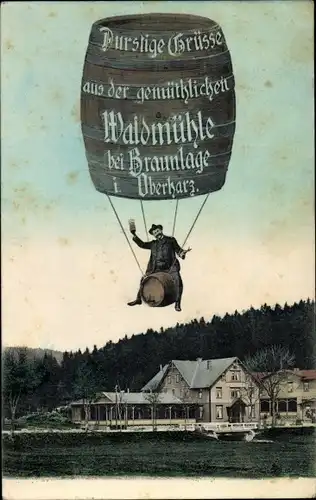 Ak Braunlage im Oberharz, Waidmühle, Mann auf fliegendem Bierfass