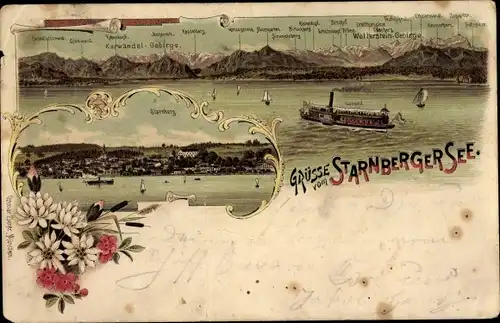 Litho Starnberg in Oberbayern, Blick auf den Ort, Salondampfer, Karwendel, Wetterstein Gebirge