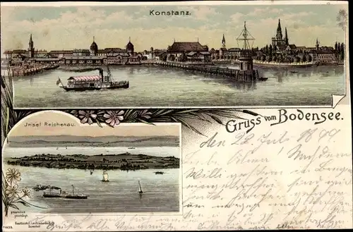 Litho Konstanz am Bodensee, Insel Reichenau, Blick auf den Ort