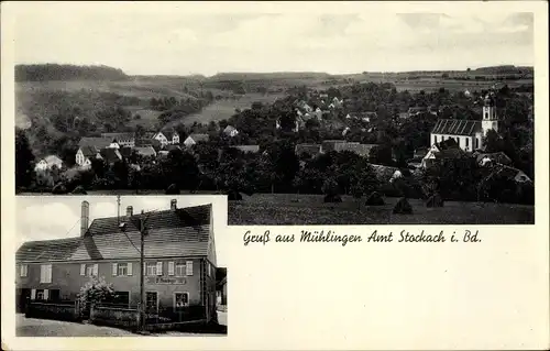 Ak Mühlingen in Baden Württemberg, Bäckerei und Handlung, Blick auf den Ort