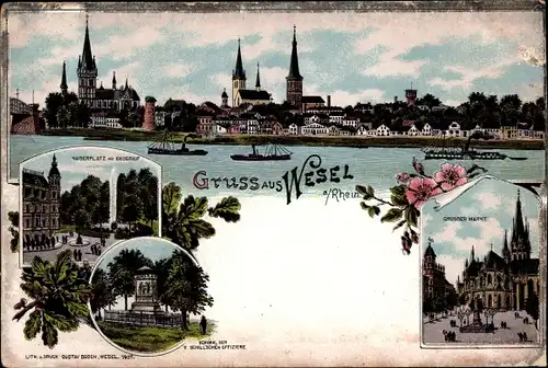 Litho Wesel am Niederrhein, Kaiserplatz, Kaiserhof, Denkmal, Großer Markt