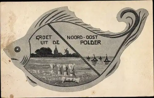 Fisch Passepartout Ak Noordoostpolder Flevoland, Heuballen, Segelboote auf dem Wasser, Ort