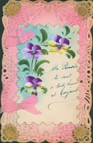 Stoff Ak Schleifen, Stiefmütterchen, Kitsch