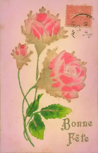 Stoff Ak Glückwunsch, Bonne Fete, Rosen