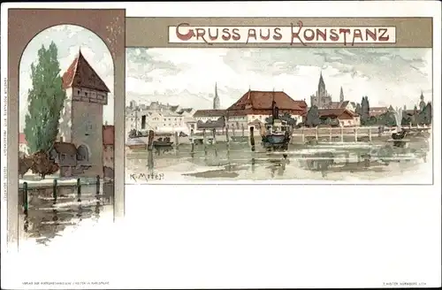 Künstler Litho Mutter, K., Konstanz am Bodensee, Stadtansicht, Turm