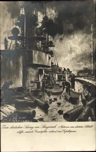 Künstler Ak Skagerrakschlacht, Deutsches Kriegsschiff, Matrosen sammeln Granatsplitter, I WK
