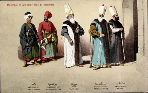 Ak Türkei, Männer in Volkstrachten, Lieutenant des Portes du Palais, Grand Vizir