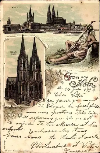 Litho Köln am Rhein, Blick auf den Dom, Blick über den Rhein