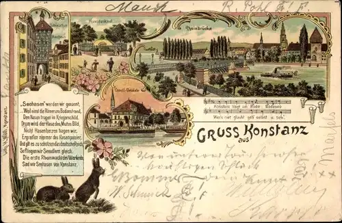 Litho Konstanz am Bodensee, Schnetztor, Husshaus, Rheinbrücke, Notenpartitur, Gedicht, Hasen