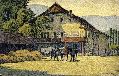 Künstler Ak Schlatter, E. E., Kestenholz Solothurn Schweiz, Bauernhof, Pferde
