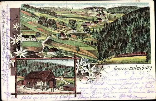 Litho Eulenburg Schlesien ?, Ortspanorama, Eulenbaude