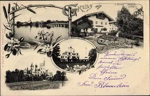 Ak Seebruck am Chiemsee Oberbayern, Schloss Ising, Villa Hertling, Bäckerei Hummel, Ortspanorama