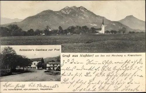 Ak Nußdorf am Inn Oberbayern, Schneider's Gasthaus zur Post, Panorama mit Heuberg, Kranzhorn