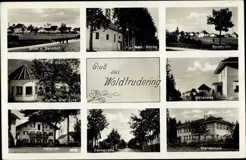 Ak Waldtrudering Trudering München, Kirche, Sportplatz, Kaffee Graf Spee, Käferloh, Waldschule