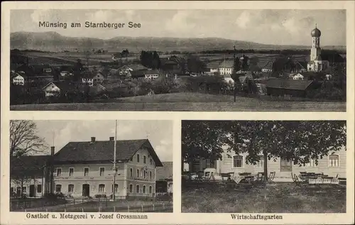 Ak Münsing am Starnberger See Oberbayern, Panorama, Kirche, Gasthof u. Metzgerei Josef Grossmann