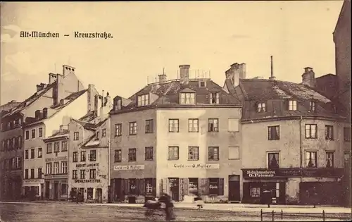 Ak München, Altstadt, Kreuzstraße 15-20, Cafe von O. Müller, Schuhmacherei G. Priemer, Geschäfte