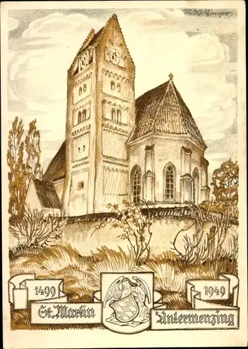 Künstler Ak Wolfinger, M., München Untermenzing, Stadtpfarrkirche St. Martin, 1499-1949