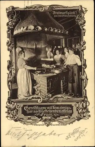 Ak München, Bratwurstglöckl bei der Frauenkirche, Kochstelle mit offenem Feuer