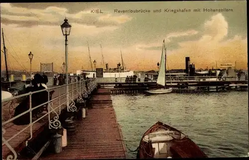 Ak Kiel Schleswig Holstein, Reventloubrücke und Kriegshafen mit Hohenzollern