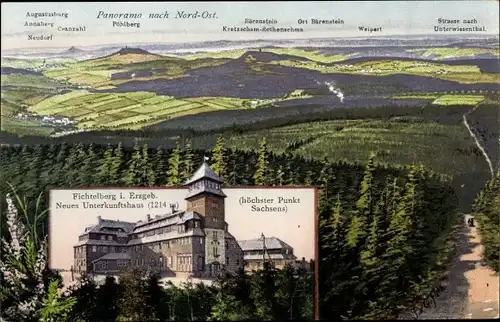 KünstlerAk Oberwiesenthal im Erzgebirge Sachsen, Neues Unterkunftshaus auf dem Fichtelberg, Aussicht