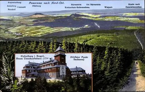 Ak Oberwiesenthal im Erzgebirge, Fichtelberg, Neues Unterkunftshaus, Panorama