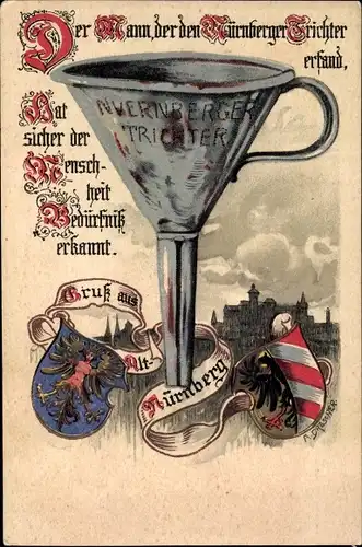 Wappen Künstler Litho Dresscher, A., Nürnberg in Mittelfranken, Nürnberger Trichter