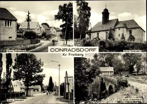 Ak Conradsdorf Halsbrücke in Sachsen, Ortsteil Falkenberg, Tuttendorf, Kirche, Straßenpartie, Brücke