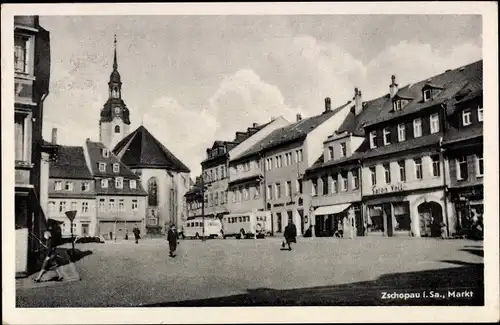 Ak Zschopau im Erzgebirge Sachsen, Marktplatz, Salon Volt, Kirche, Busse