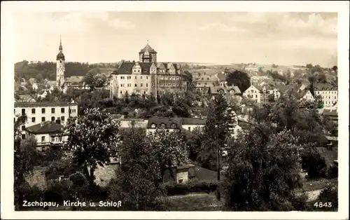 Ak Zschopau im Erzgebirge Sachsen, Blick auf den Ort mit Kirche und Schloss