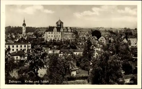 Ak Zschopau im Erzgebirge Sachsen, Blick auf den Ort mit Kirche und Schloss