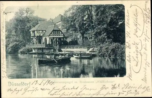 Ak Düsseldorf am Rhein, Schwanenspiegel m. Restaurant Fischerhaus, Boot, Fachwerkhaus