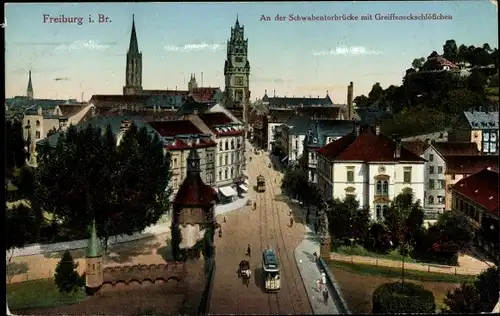 Ak Freiburg im Breisgau, an der Schwabentorbrücke mit Greiffeneckschlößchen