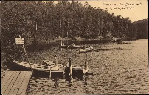 Ak Gohlis Niederau in Sachsen, Buschmühle, See, Boote