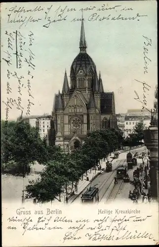 Ak Berlin Kreuzberg, Heilige Kreuzkirche, Straßenbahn