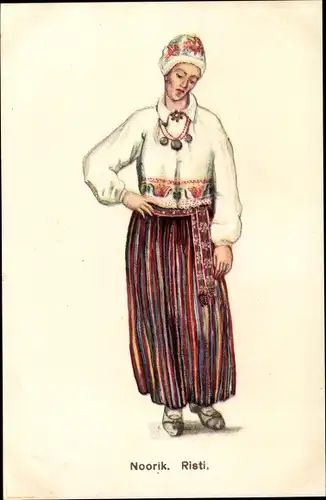 Ak Estland, Frau in Tracht, Young married woman, Noorik, Risti,