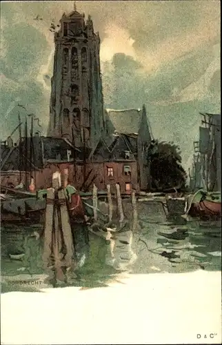 Künstler Ak Cassiers, Henri, Dordrecht Südholland Niederlande, Kanalpartie, Kirche