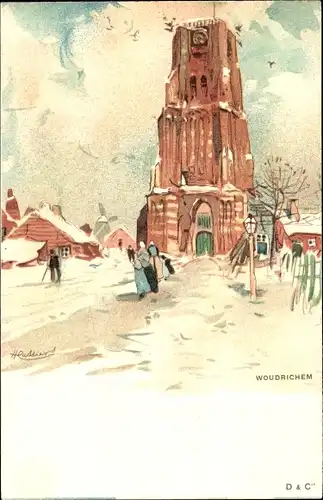 Künstler Litho Cassiers, H., Woudrichem Nordbrabant Niederlande, Teilansicht der Stadt, Turm