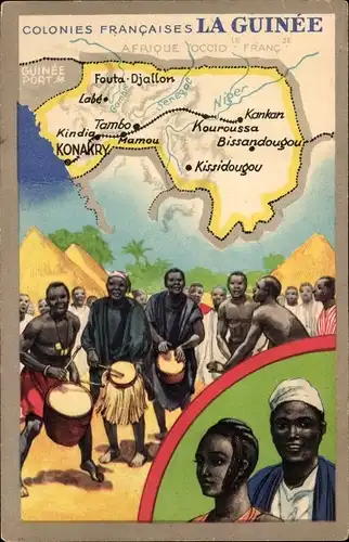 Landkarten Ak Colonies Francaises, La Guinee, Trommel spielende Menschen