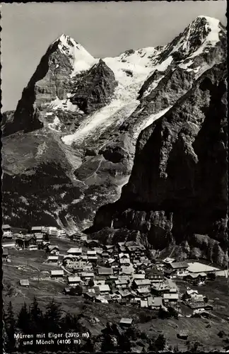 Ak Mürren Kanton Bern Schweiz, Ortsansicht mit Eiger und Mönch