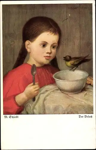 Künstler Ak Schiestl, Matthäus, Der Besuch, Mädchen, Schüssel, Vogel