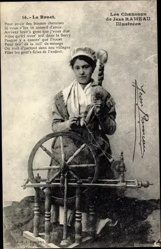 Ak Les Chansons de Jean Rameau, Le Rouet, Frau in Tracht, Spinnrad