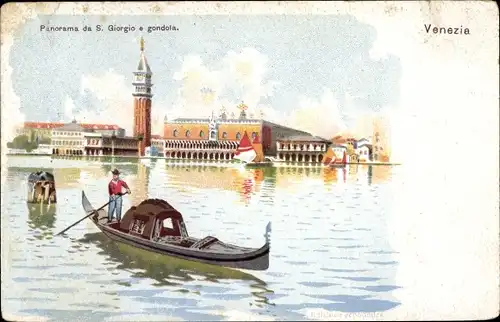 Litho Venezia Venedig, Panorama da S. Giorgio e gondola, Turm