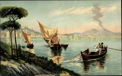 Ak Napoli Neapel Campania, Fischerboote, Vesuv, Panorama
