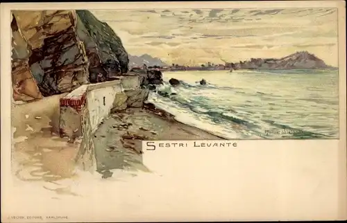 Künstler Litho Wielandt, Manuel, Sestri Levante Liguria, Uferstraße, Felsenküste