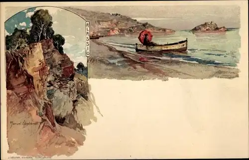 Künstler Litho Wielandt, Manuel, Alassio Liguria, Frau mit Schirm im Boot, Felsen